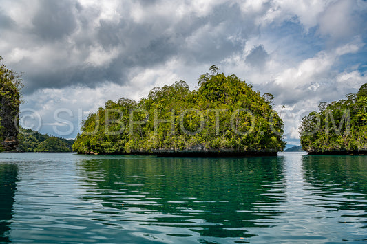 Waigeo- Kri- Mushroom Island- group of small islands in shallow blue lagoon water- Raja Ampat- West Papua- Indonesia