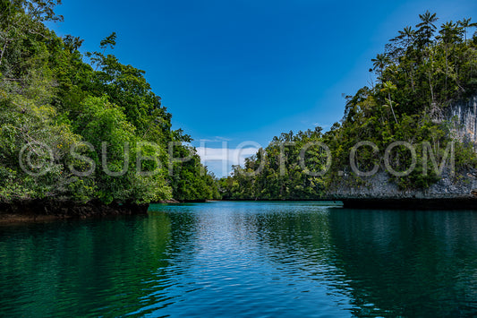 Waigeo- Kri- Mushroom Island- group of small islands in shallow blue lagoon water- Raja Ampat- West Papua- Indonesia