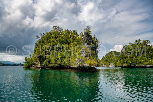 Waigeo- Kri- Mushroom Island- group of small islands in shallow blue lagoon water- Raja Ampat- West Papua- Indonesia