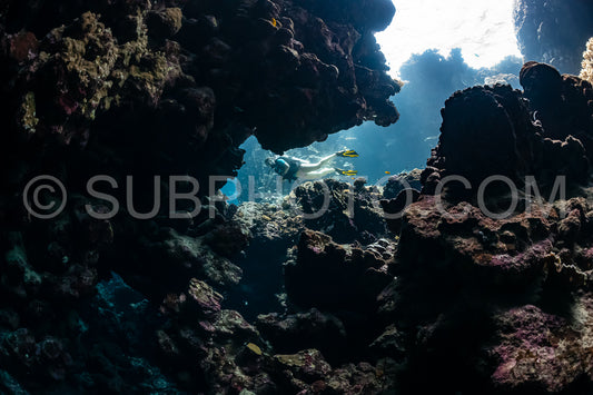 woman diver visiting underwater cave in the Red Sea- egypt- Shaab Claude