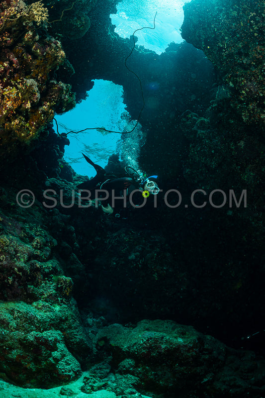 typical underwater cave in a red sea reef with an underwater photographer diver