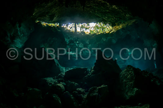 cave diver instructor leading a group of divers in a mexican cenote underwater