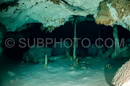 cave diver instructor leading a group of divers in a mexican cenote underwater