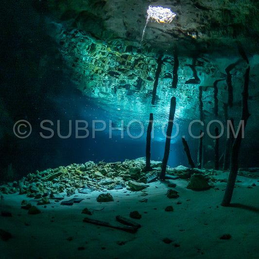 cave diver instructor leading a group of divers in a mexican cenote underwater
