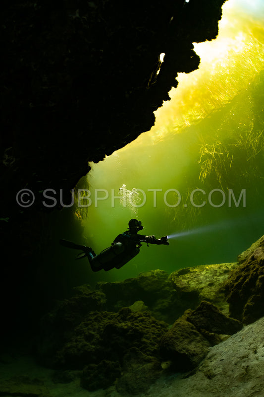 cave diver instructor leading a group of divers in a mexican cenote underwater