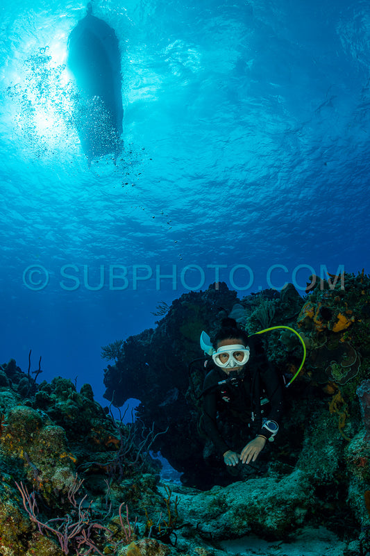 woman scuba diving on Cozumel coral reef in Mexico