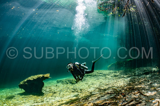cave diver instructor leading a group of divers in a mexican cenote underwater