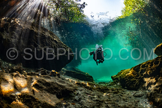 cave diver instructor leading a group of divers in a mexican cenote underwater