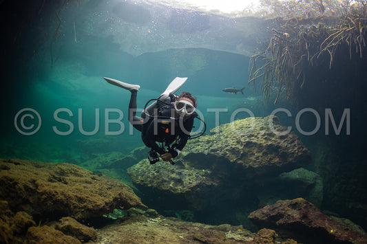 cave diver instructor leading a group of divers in a mexican cenote underwater