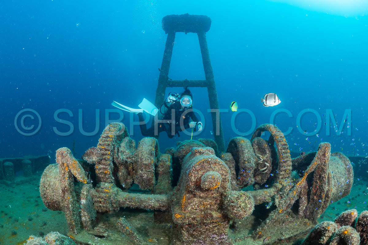 scuba diver over a wreck in the  Sea of Cortez