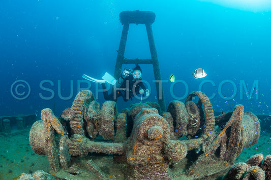 scuba diver over a wreck in the  Sea of Cortez