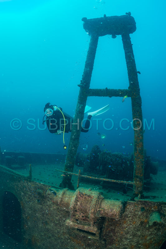 scuba diver over a wreck in the  Sea of Cortez