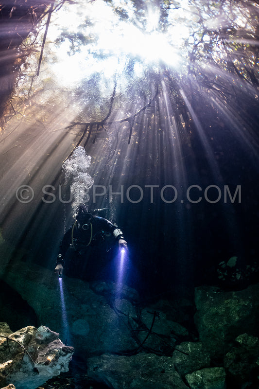 cave diver instructor leading a group of divers in a mexican cenote underwater