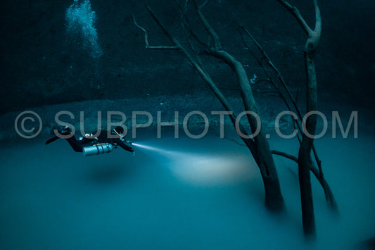 cave diver instructor leading a group of divers in a mexican cenote underwater