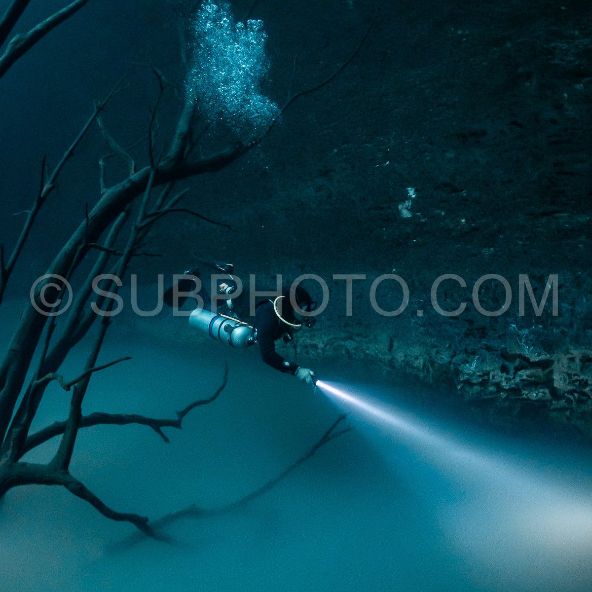 Photo de instructeur de plongée spéléo dirigeant un groupe de plongeurs dans un cenote mexicain sous l'eau