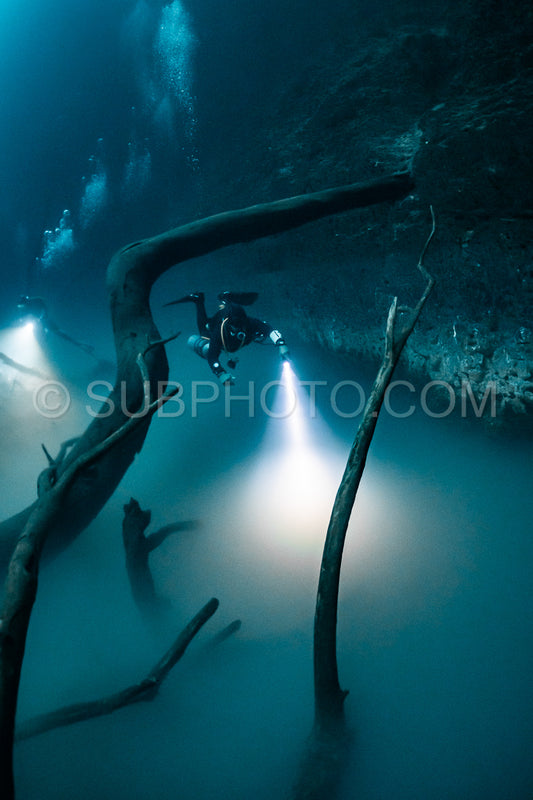 cave diver instructor leading a group of divers in a mexican cenote underwater