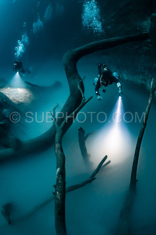 cave diver instructor leading a group of divers in a mexican cenote underwater