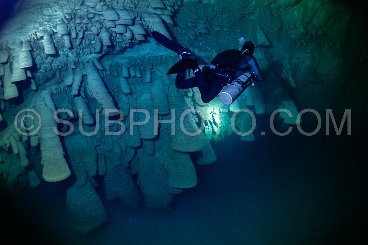 Photo de instructeur de plongée spéléo dirigeant un groupe de plongeurs dans un cenote mexicain sous l'eau