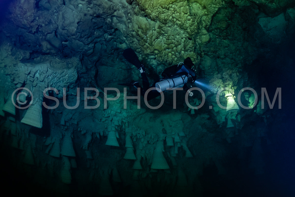 Photo de instructeur de plongée spéléo dirigeant un groupe de plongeurs dans un cenote mexicain sous l'eau