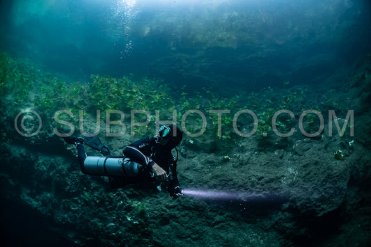 Photo de instructeur de plongée spéléo dirigeant un groupe de plongeurs dans un cenote mexicain sous l'eau