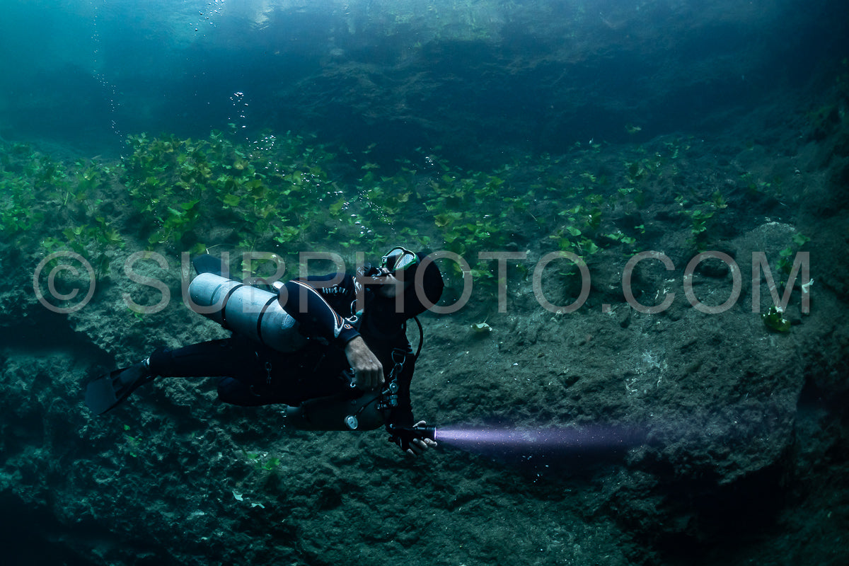 Photo de instructeur de plongée spéléo dirigeant un groupe de plongeurs dans un cenote mexicain sous l'eau
