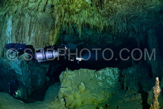 cave diver instructor leading a group of divers in a mexican cenote underwater
