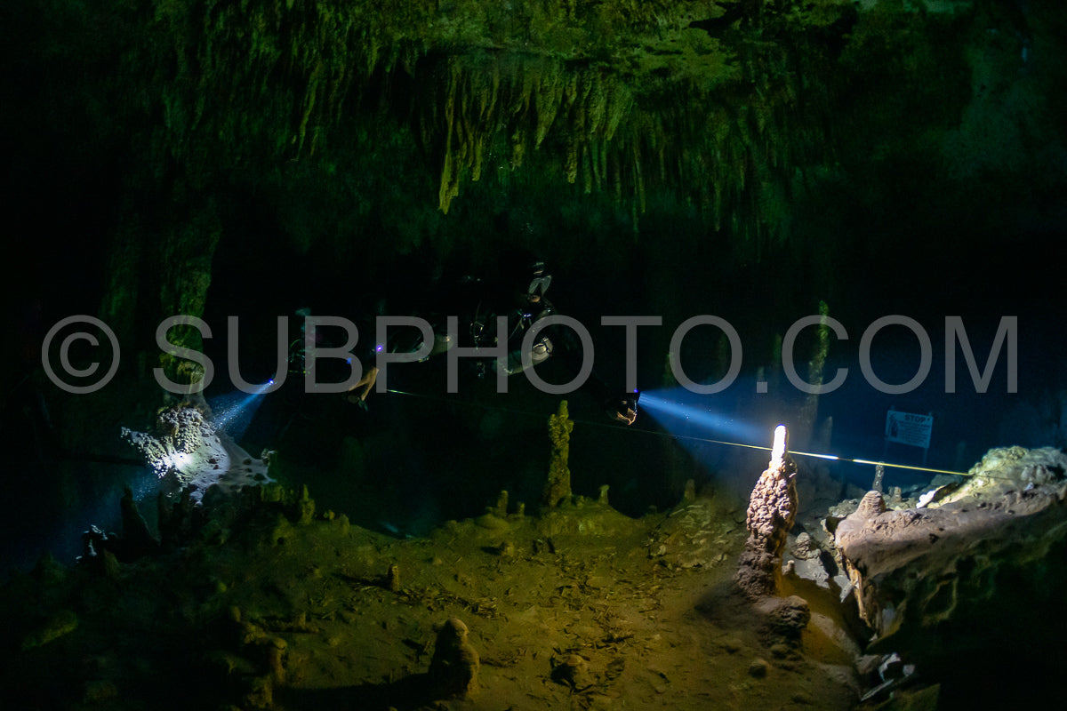 cave diver instructor leading a group of divers in a mexican cenote underwater