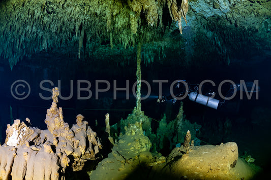 cave diver instructor leading a group of divers in a mexican cenote underwater