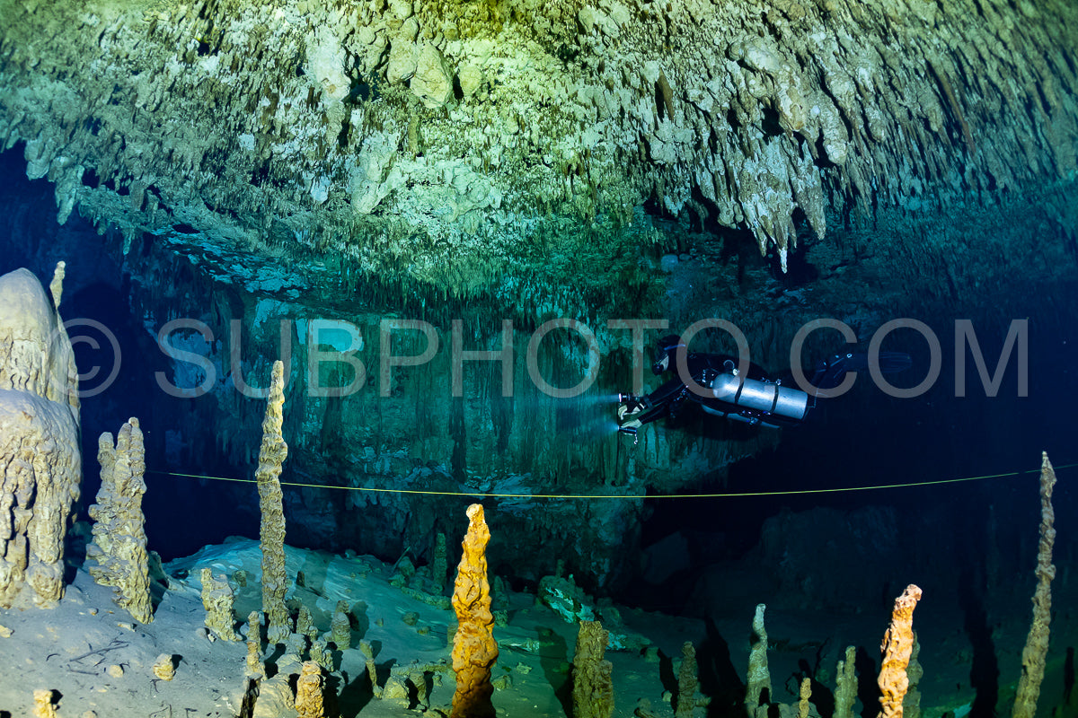 cave diver instructor leading a group of divers in a mexican cenote underwater