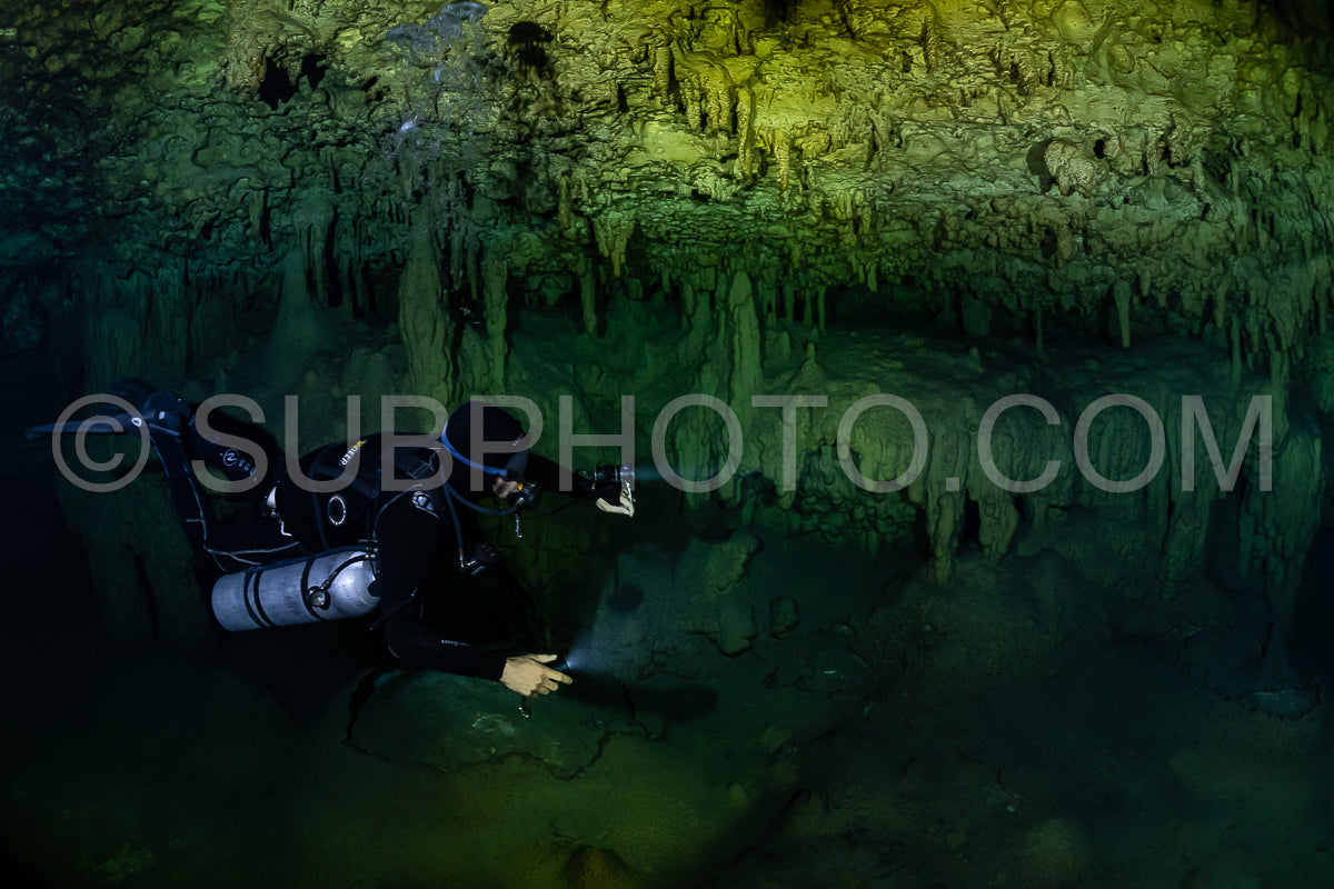 cave diver instructor leading a group of divers in a mexican cenote underwater