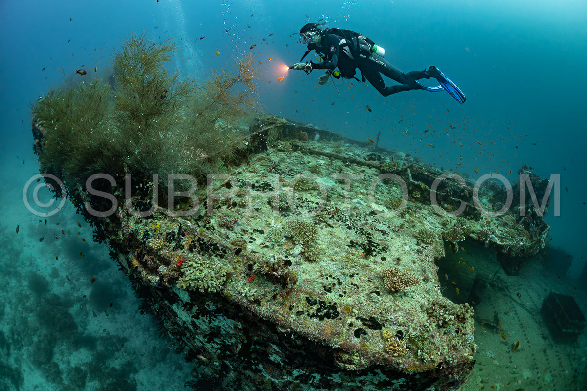 diver visiting a ship wreck in the Maldives