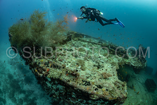 diver visiting a ship wreck in the Maldives