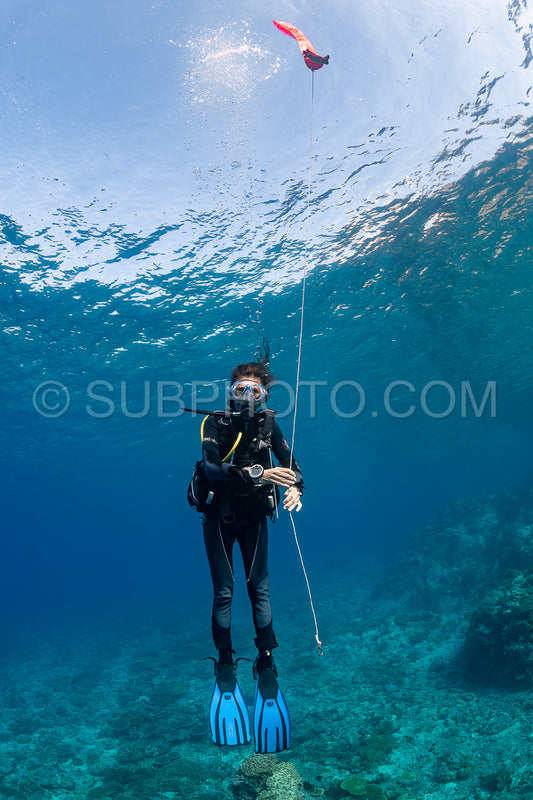 woman diver using a surface marking tube or smb buoy