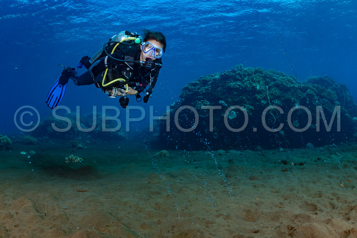 woman diver looking at gaz bubble coming from the volcano Pulau Sangeang