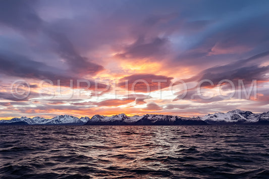 view of KvÃ¦nangen fjord from Seglvik village at dusk