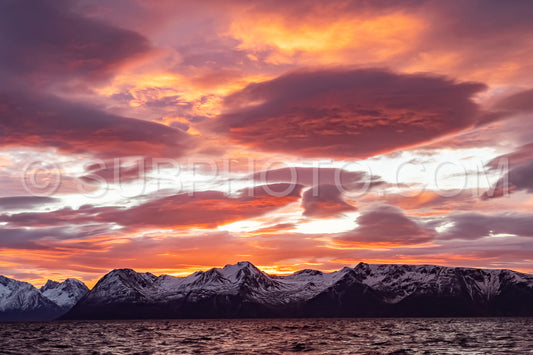 view of KvÃ¦nangen fjord from Seglvik village at dusk