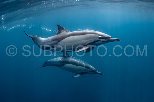 Pod of common dolphins (Delphinus delphis) swimming in the Atlantic Ocean near the Western Cape coast of South Africa