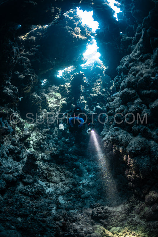 Tek diver with a rebreather visiting Zabargad cave in the Red Sea Egypt