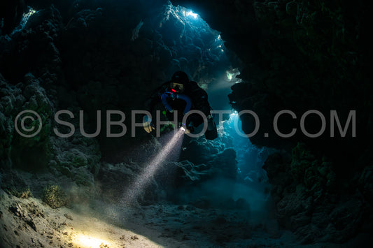 Tek diver with a rebreather visiting Zabargad cave in the Red Sea Egypt