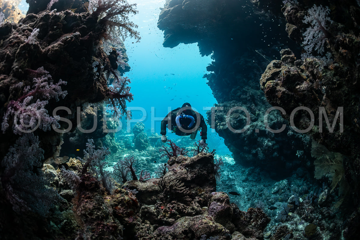 Tek diver with a rebreather visiting Zabargad cave in the Red Sea Egypt