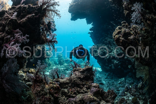 Tek diver with a rebreather visiting Zabargad cave in the Red Sea Egypt