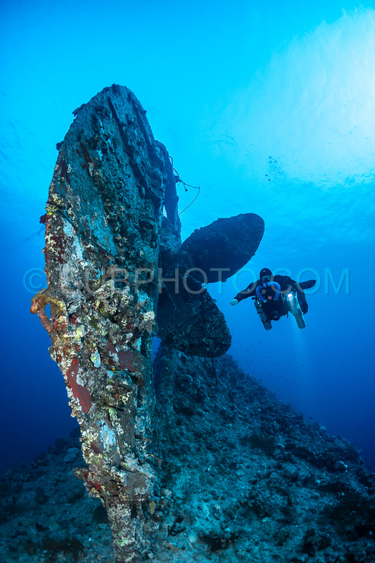 Tek diver with a rebreather visiting Levanzo wreck close to Sudan