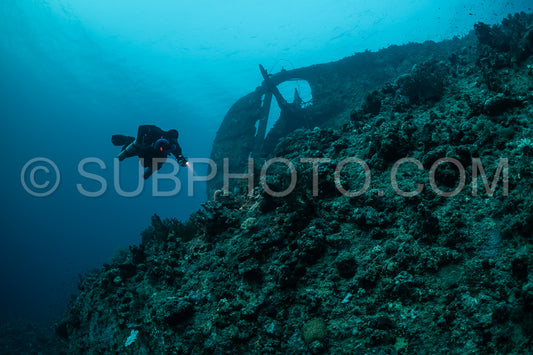 Tek diver with a rebreather visiting Levanzo wreck close to Sudan