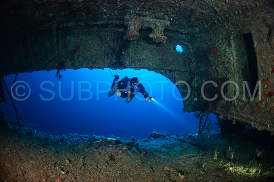 Tek diver with a rebreather visiting Levanzo wreck close to Sudan