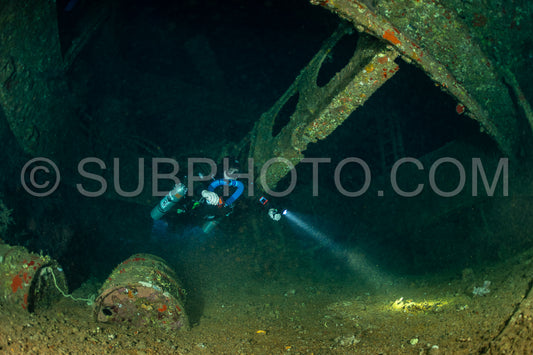 Tek diver with a rebreather visiting Levanzo wreck close to Sudan