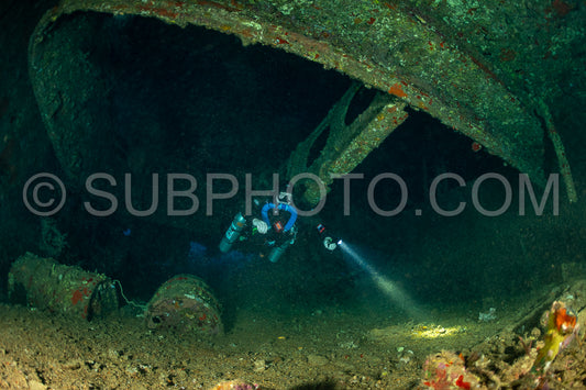 Tek diver with a rebreather visiting Levanzo wreck close to Sudan