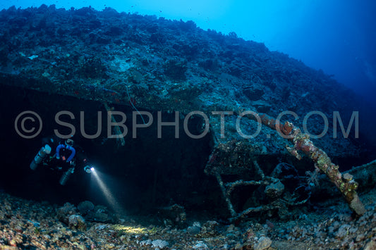 Tek diver with a rebreather visiting Levanzo wreck close to Sudan