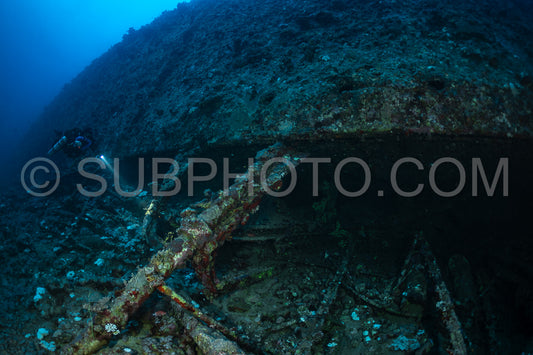 Tek diver with a rebreather visiting Levanzo wreck close to Sudan