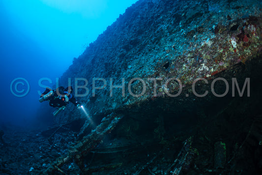 Tek diver with a rebreather visiting Levanzo wreck close to Sudan
