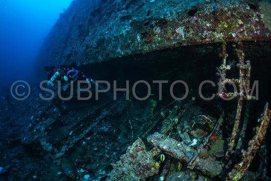 Tek diver with a rebreather visiting Levanzo wreck close to Sudan